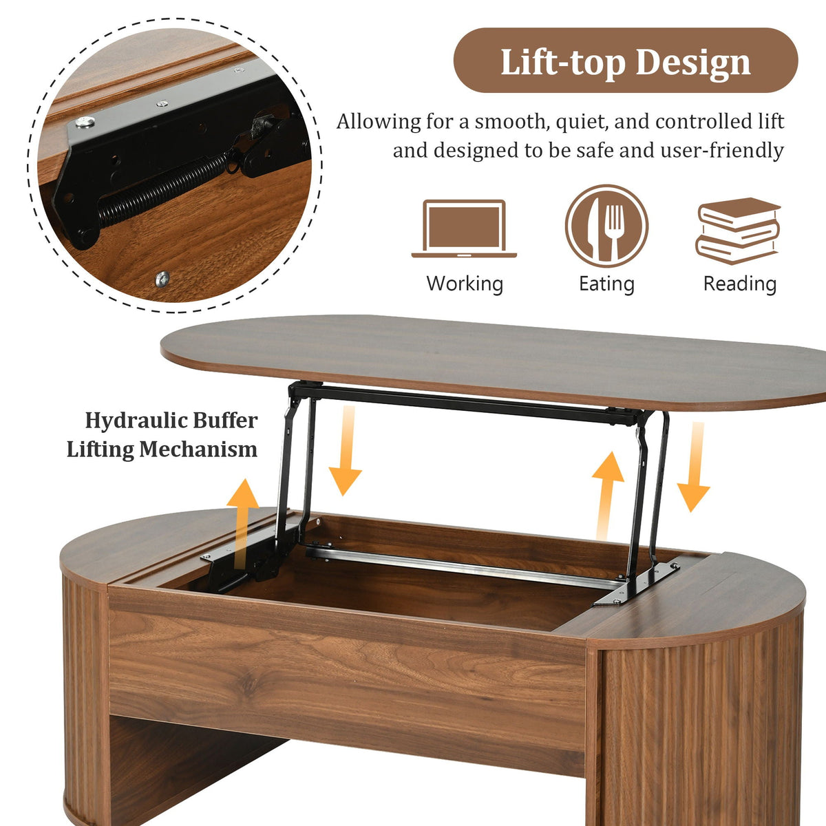 Lift Top Coffee Table With Hidden Compartment, Modern Oval Lift Tabletop For Home Living Room