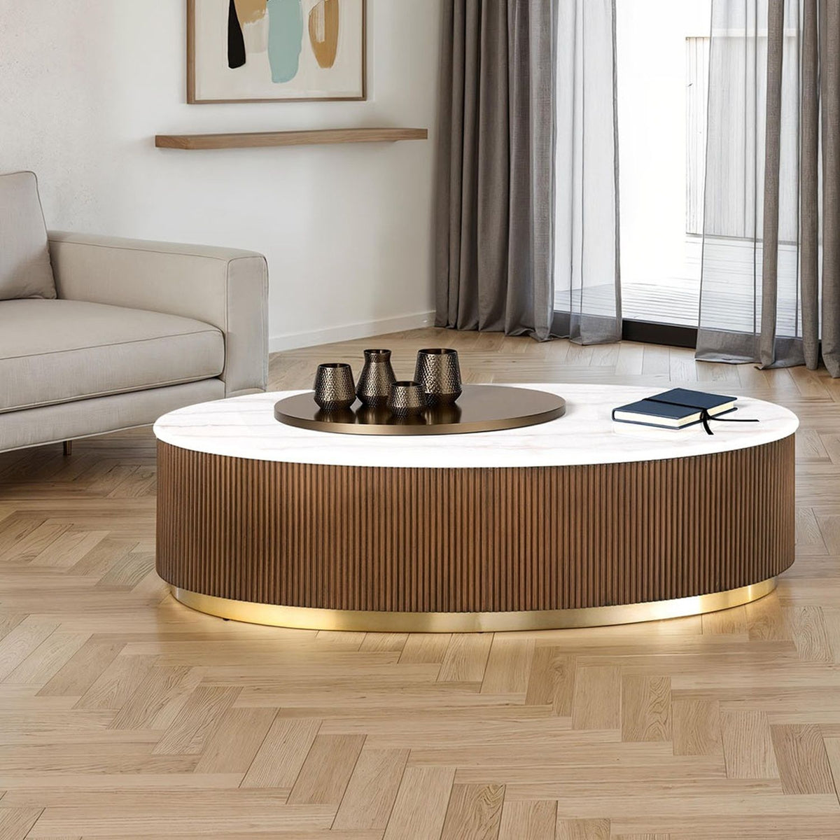 Oval Cocktail Table - Brown / Gold / White