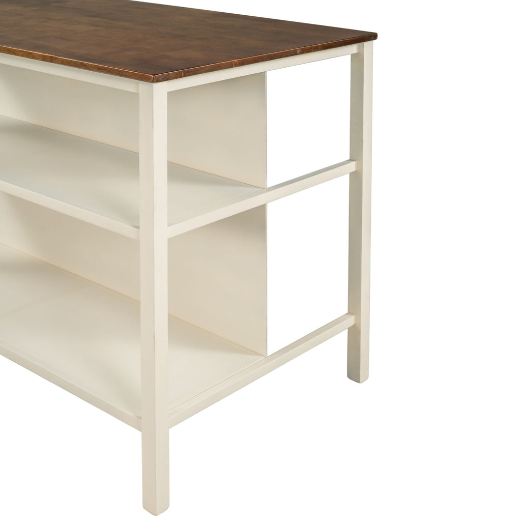 Rustic 3 Piece Stationary Kitchen Island Set With 2 Seatings, With 2 Open Shelves