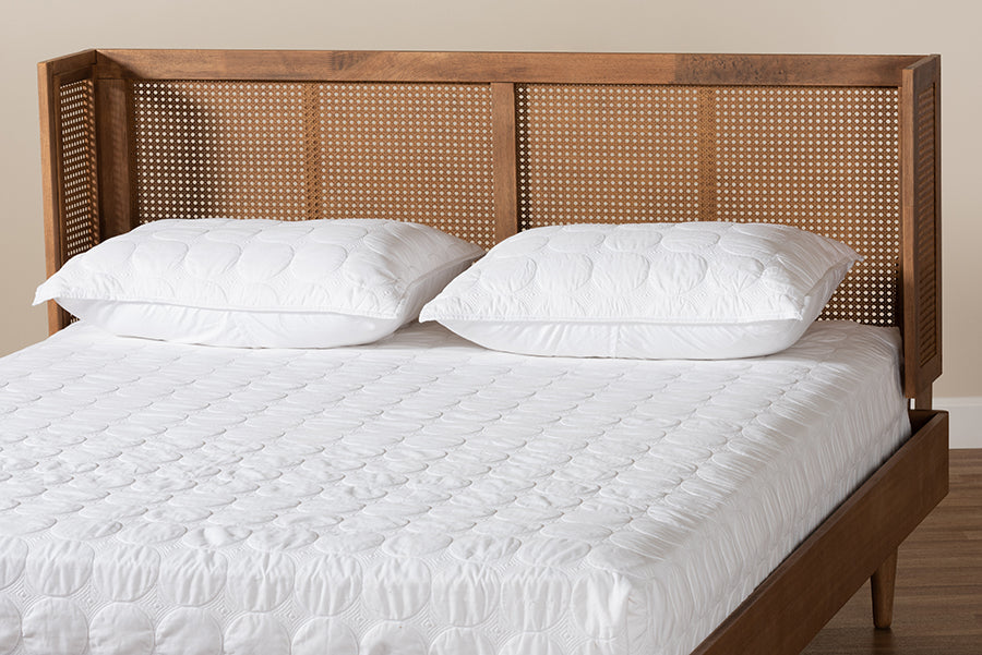 Baxton Studio Rina Mid-Century Modern Ash Wanut Finished Wood and Synthetic Rattan Queen Size Wrap-Around Headboard