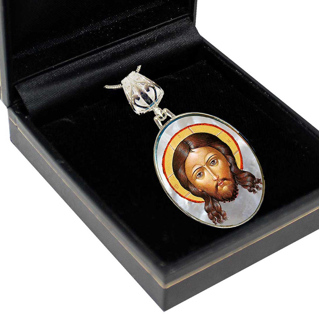 Icon of The Holy Face Silver Plated Mother of Pearl Necklace Jewelry - 43018