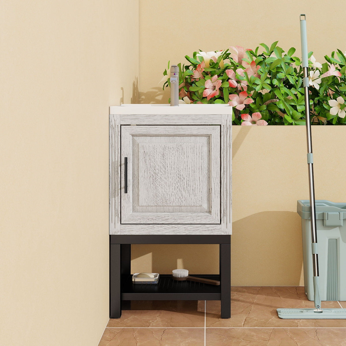 Modern Freestanding Bathroom Vanity With Ceramic Sink, Hot And Cold Faucet, 1 Door Cabinet & Open Shelf