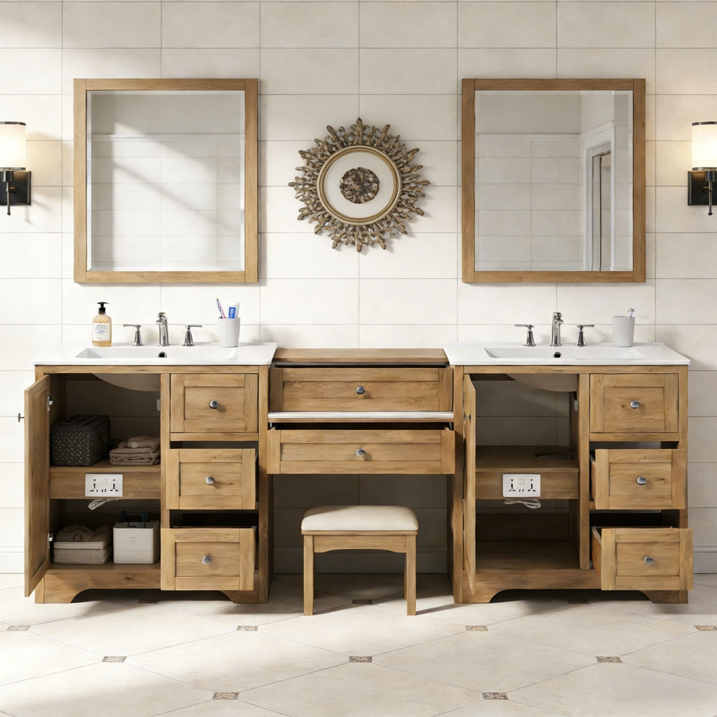 Double Sink Bathroom Vanity With Countertop, 2 Ceramic Sinks, 6 Drawers
