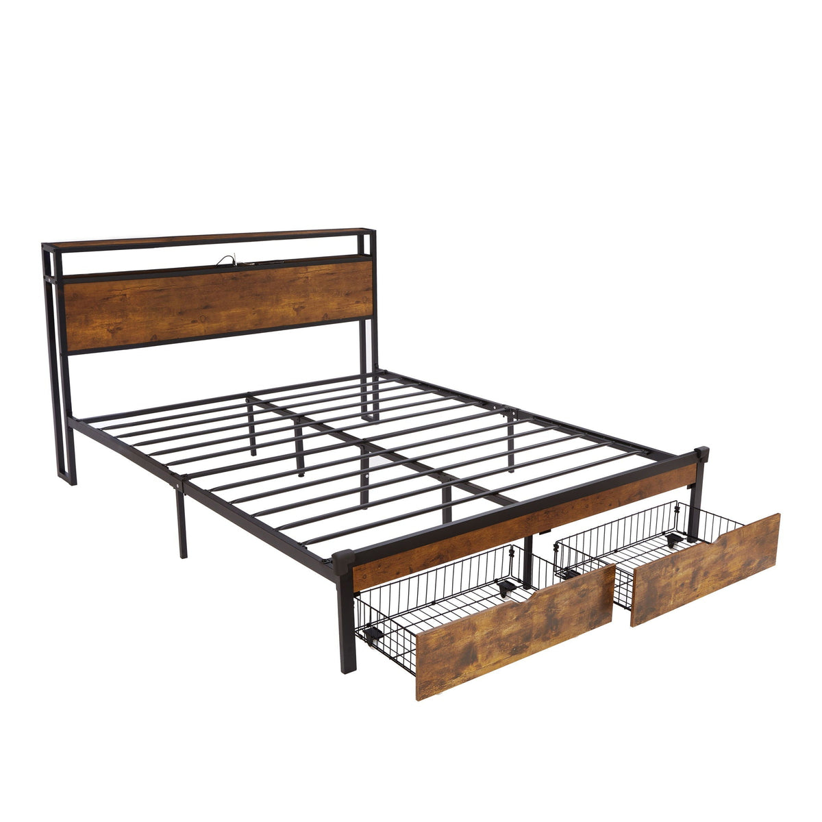 Modern Metal Platform Bed Frame With Wooden Headboard And Footboard, USB Charging Station, LED Lights, 2 Drawers