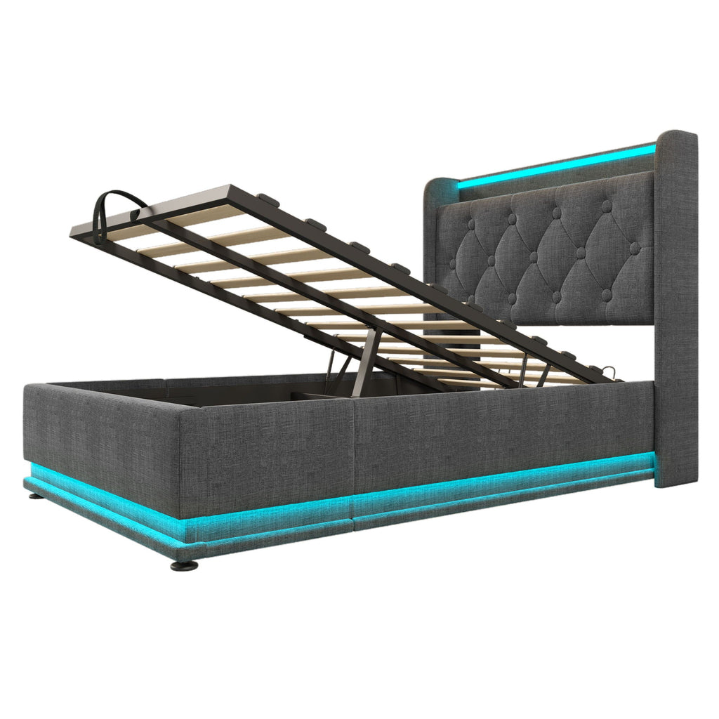 Upholstered Bed, 360 Surround LED Function, Remote Control, Hydraulic Storage Bed With USB, Type-C Charging (Without Mattress)