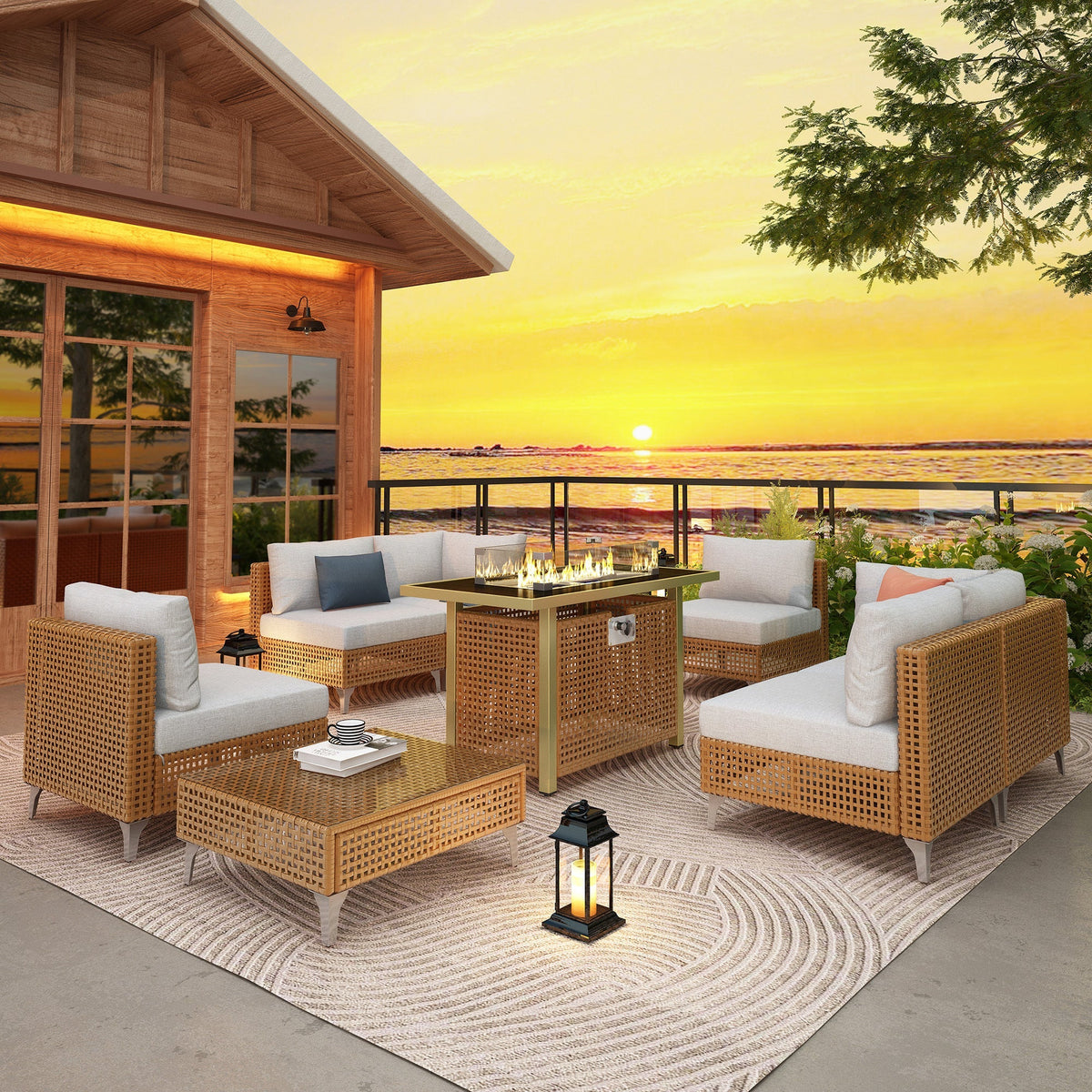 K&K 8-Piece Patio Furniture Set with Fire Pit Table