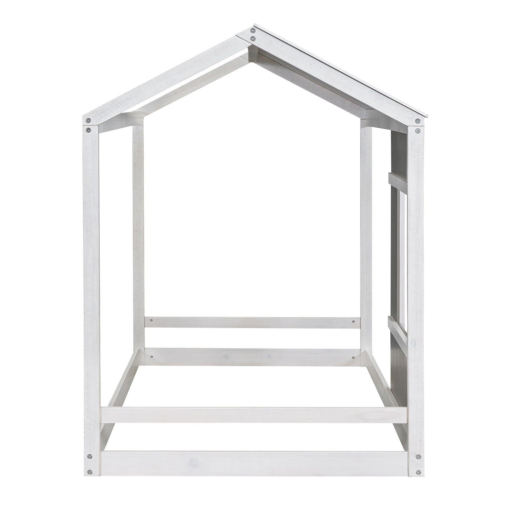 Twin Size House Platform Bed With Roof And Window - Natural / White