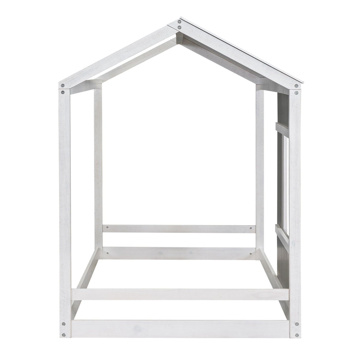Twin Size House Platform Bed With Roof And Window - Natural / White
