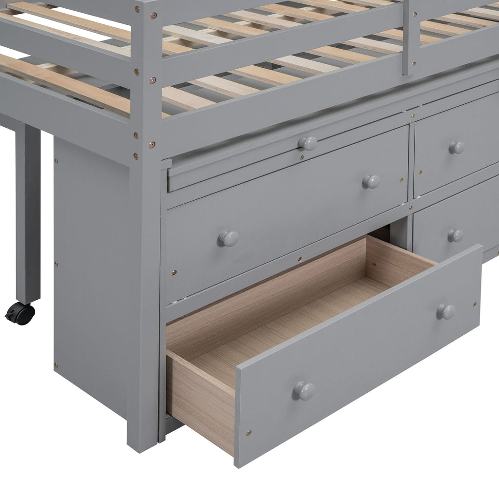Loft Bed With Retractable Writing Desk And 4 Drawers, With Lateral Portable Desk And Shelves
