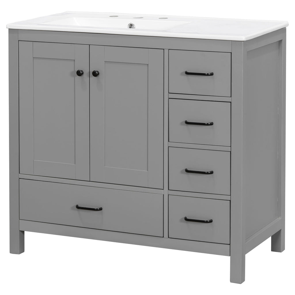 Bathroom Vanity With Ceramic Sink Combo, Abundant Storage Cabinet 2 Soft Close Doors And 5 Drawers