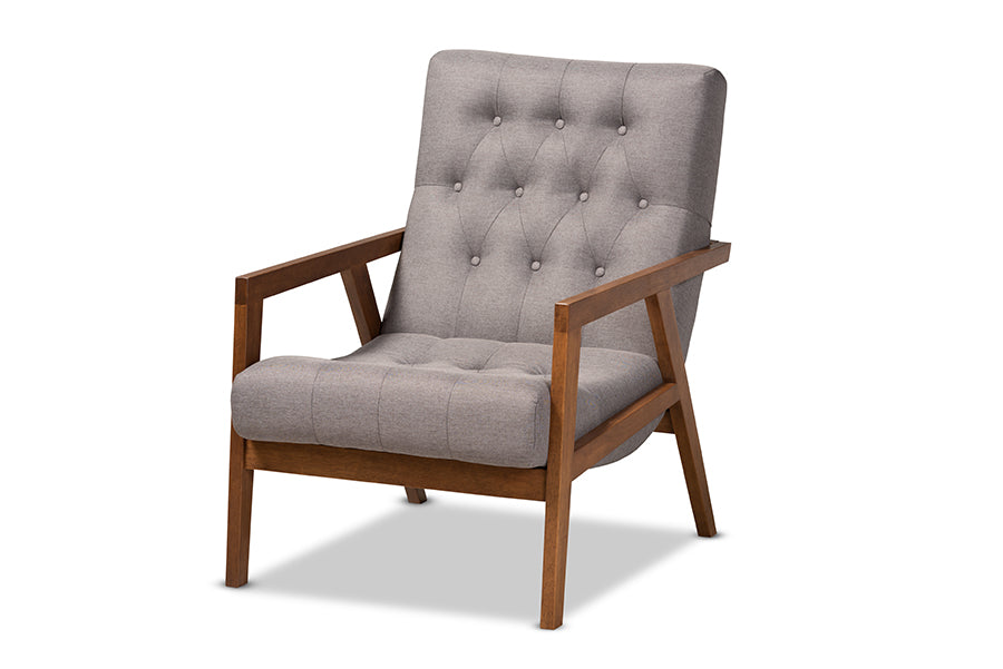 Baxton Studio Naeva Mid-Century Modern Grey Fabric Upholstered Walnut Finished Wood Armchair