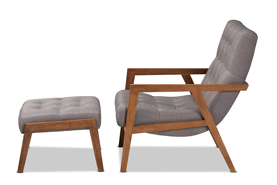 Baxton Studio Naeva Mid-Century Modern Grey Fabric Upholstered Walnut Finished Wood 2-Piece Armchair and Footstool Set