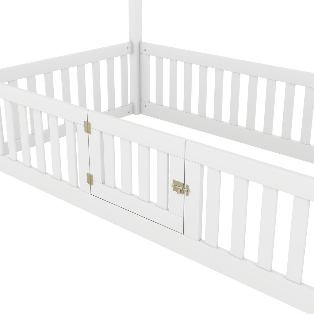 Wood House Bed With Fence And Door