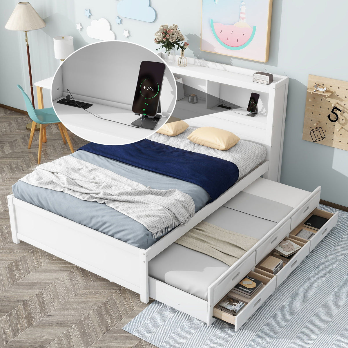 Full Size Platform Bed With Trundle, Drawers, USB Ports And Built In Shelves - White