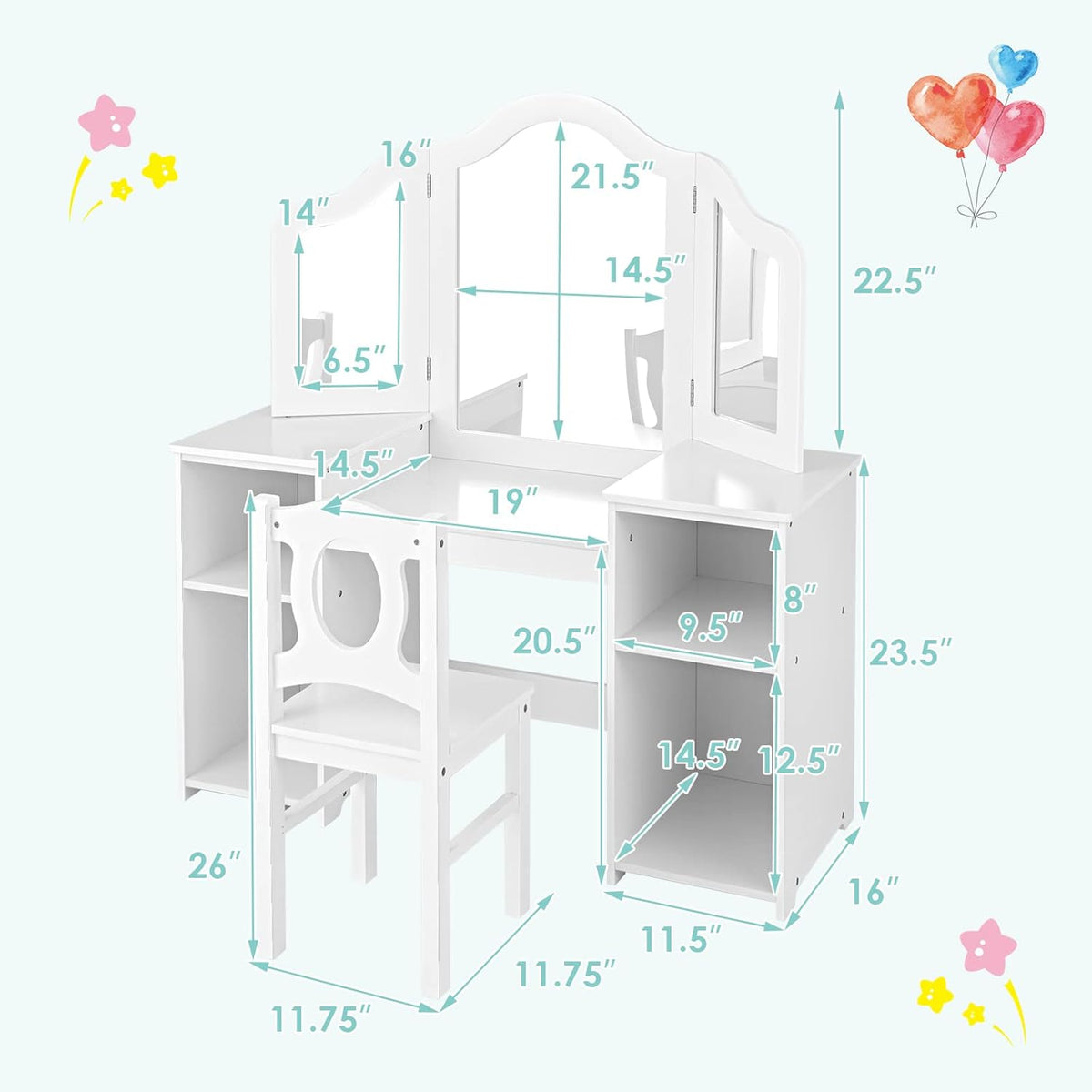 Kids Vanity, 2 in 1 Princess Makeup Desk & Chair Set with Tri-Folding Detachable Mirror, Large Storage Shelves, Wooden Pretend Play Dressing Table for Girls