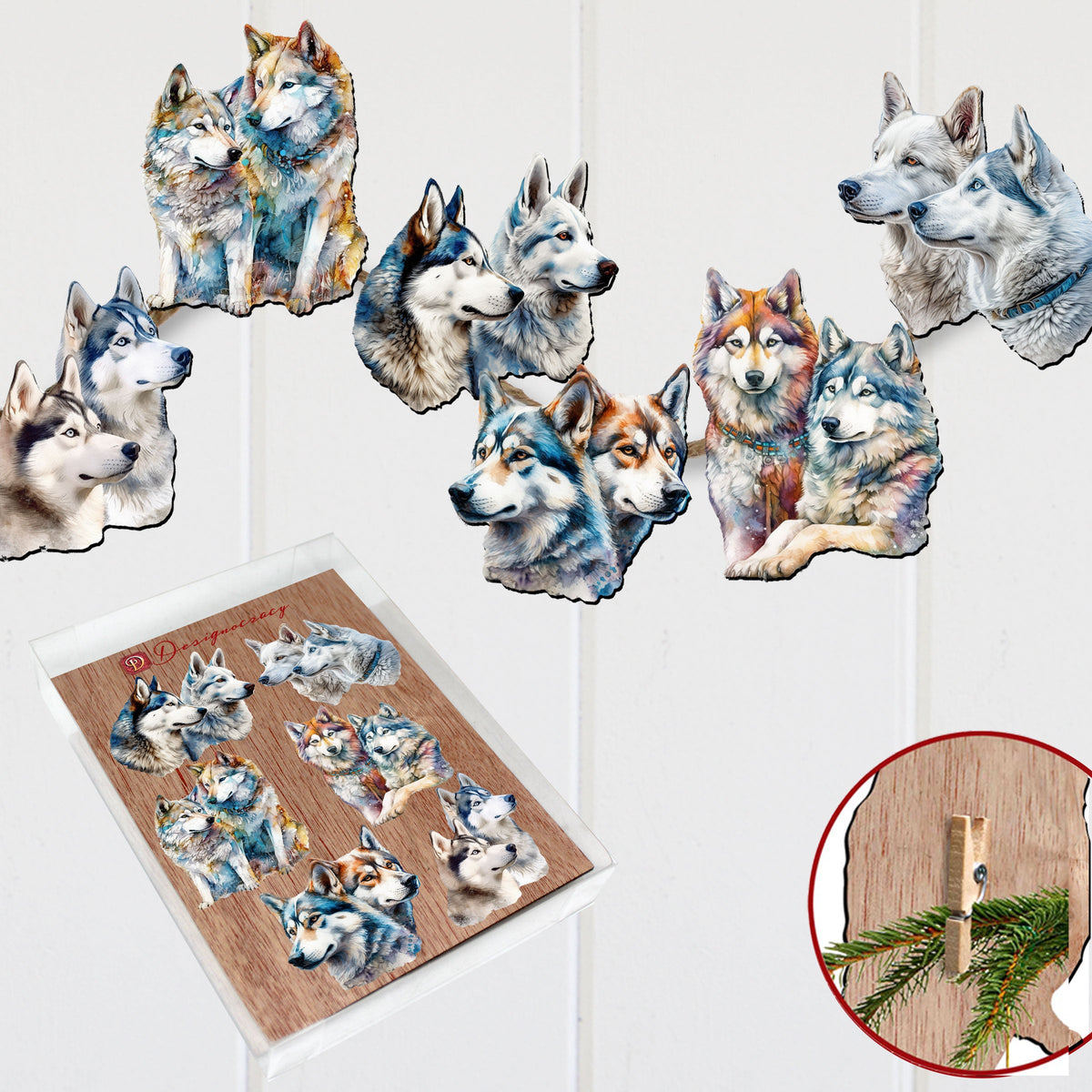 The Graceful Huskies Clip-On Eco Wood Decorative Ornaments Set of 6 by G. Debrekht - Wildlife Décor - 8090115C-S6