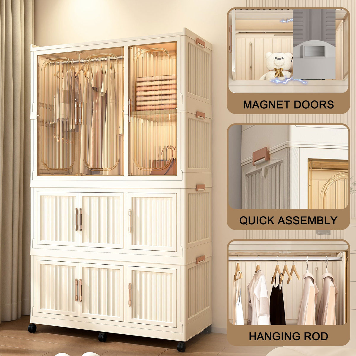 Portable Wardrobe Closet Storage Organizer With 9 Magnetic Doors - Cream White