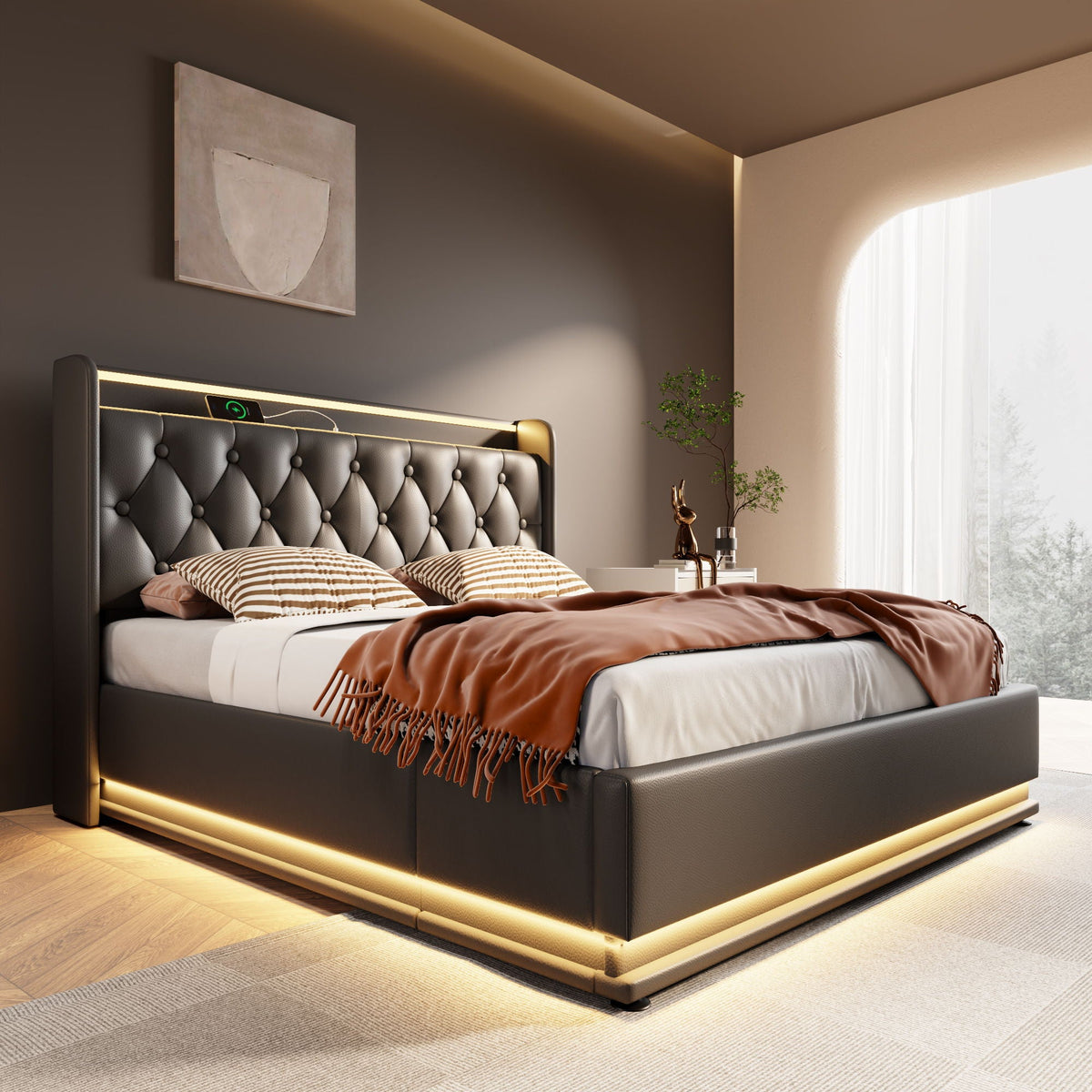 Upholstered Bed, 360 Surround LED Function, Remote Control, Hydraulic Storage Bed With USB, Type-C Charging (Without Mattress)