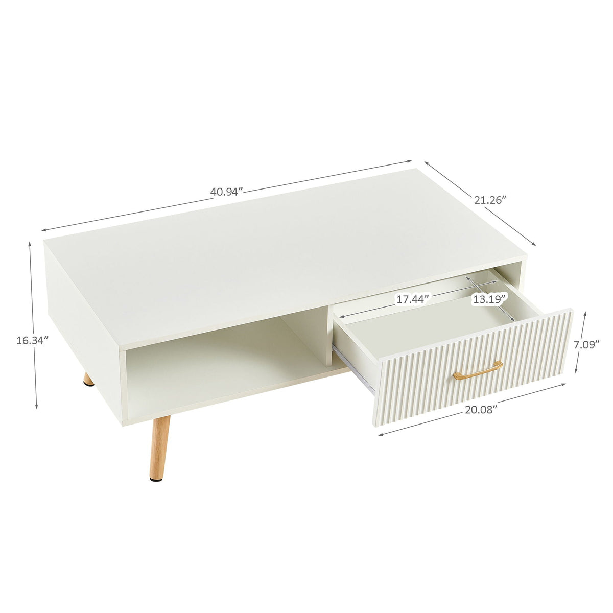 Modern Rectangle Coffee Table With Legs, Sliding Drawer For Storage - White