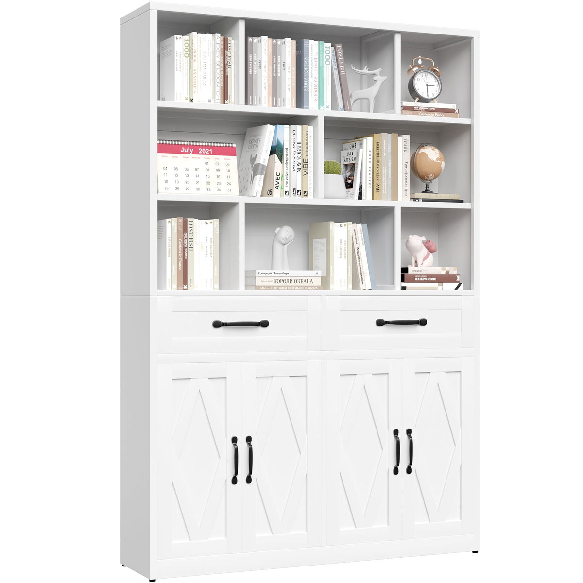 Bookcase Tall With 2 Doors & 2 Drawers, Fixed Open Shelves - White