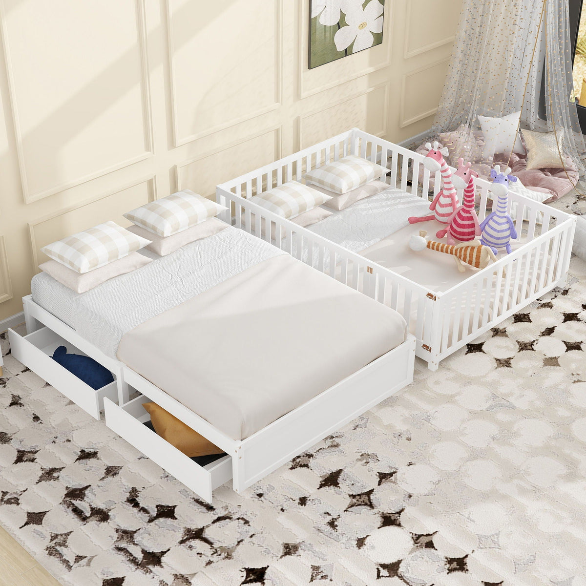 Daybed With Fence Guardrails And 2 Drawers, Split Into Independent Floor Bed & Daybed