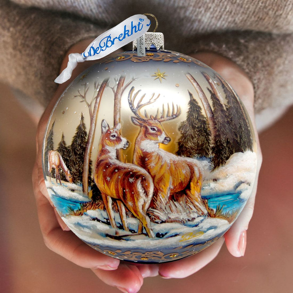 Peaceful Greetings Reindeers Ball Glass Ornament Limited Edition by G. DeBrekht - Christmas Decor - 73883