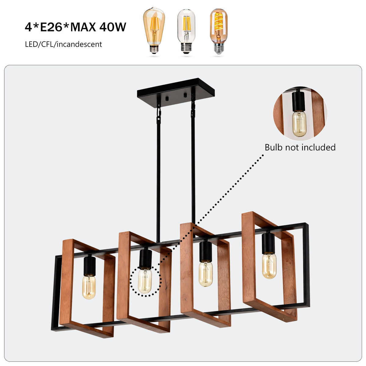 4 Light Kitchen Island Lights Pendant Light Farmhouse Dining Room Light Fixture, Rectangular Chandelier, 36" Hanging Lighting For Living Room, Conference Room, Home Office - Matte Black