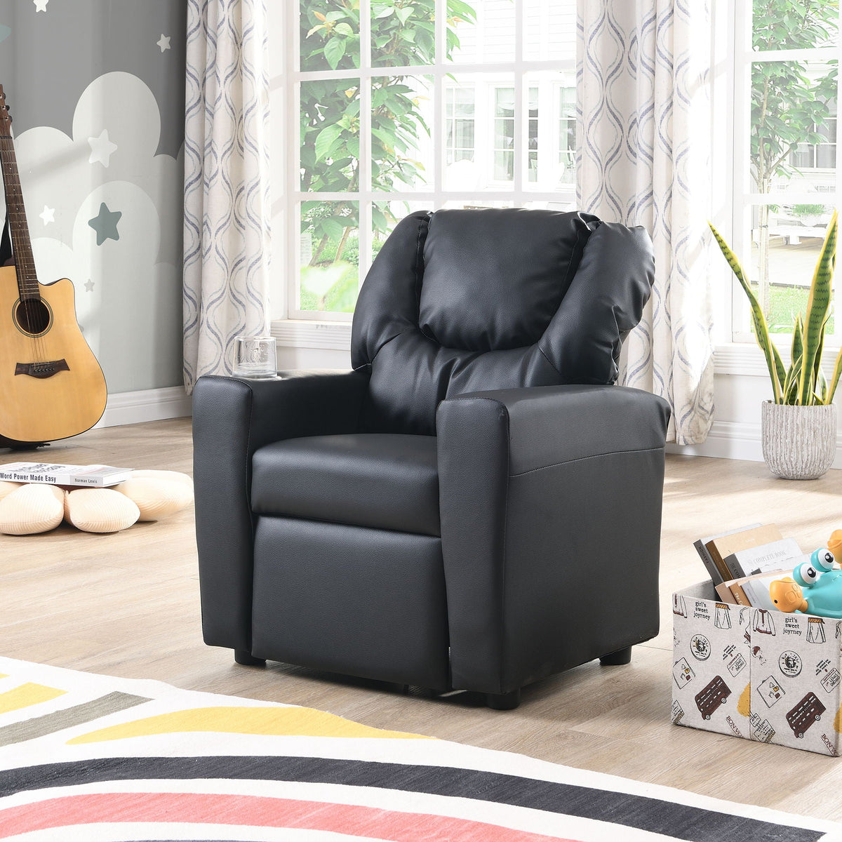 Sally Deluxe Kids Recliner Chair With Cup Holder - Black