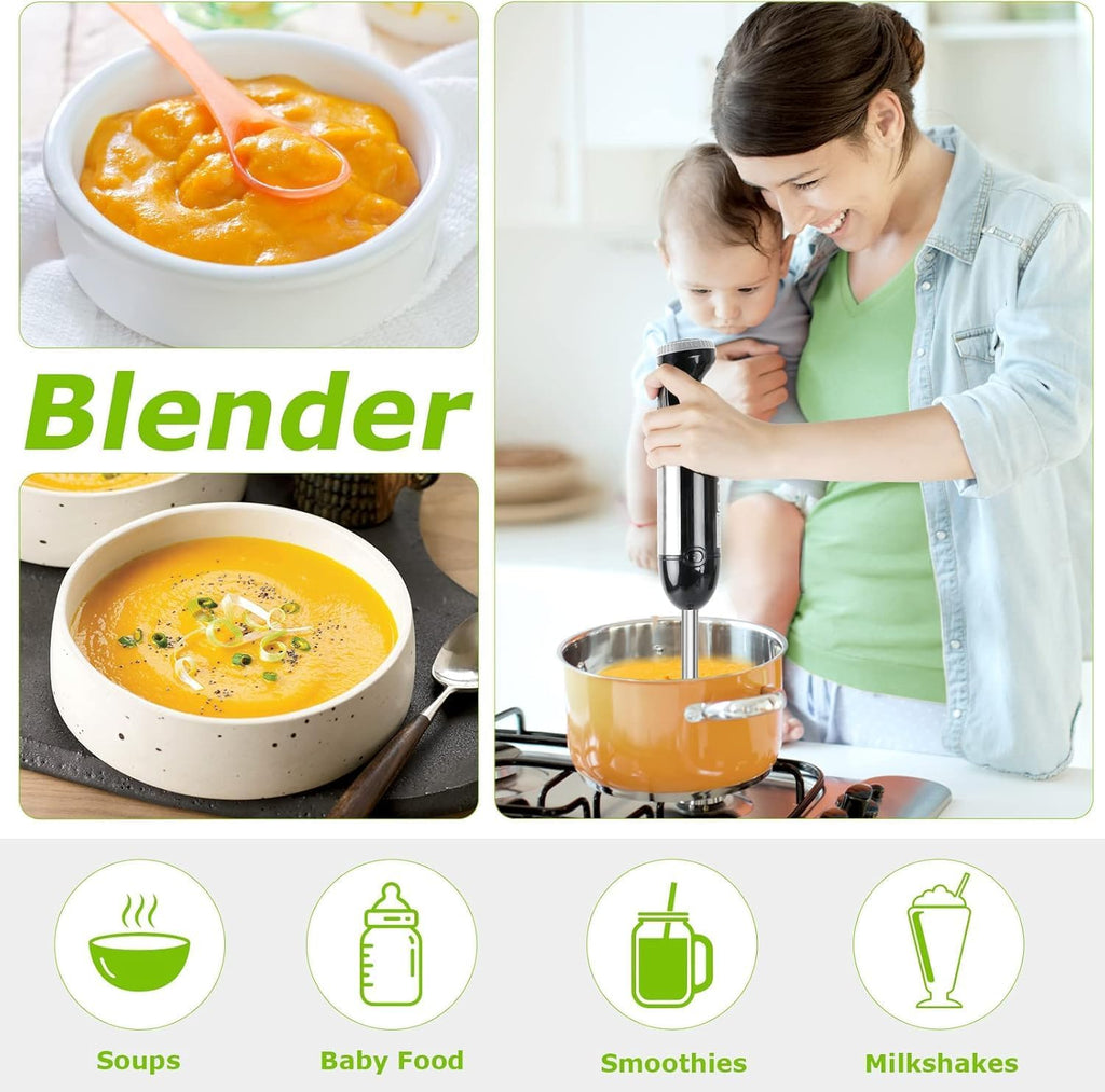 Powerful 4-in-1 Immersion Blender with 20 Speeds, Turbo Function, and Stainless Steel Attachments for Effortless Mixing, Chopping, and Whisking