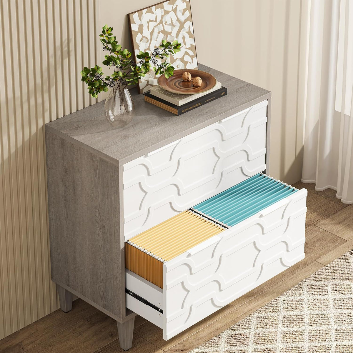 2 Drawer Lateral File Cabinet, Fits A4 / Letter / Legal - Gray / White