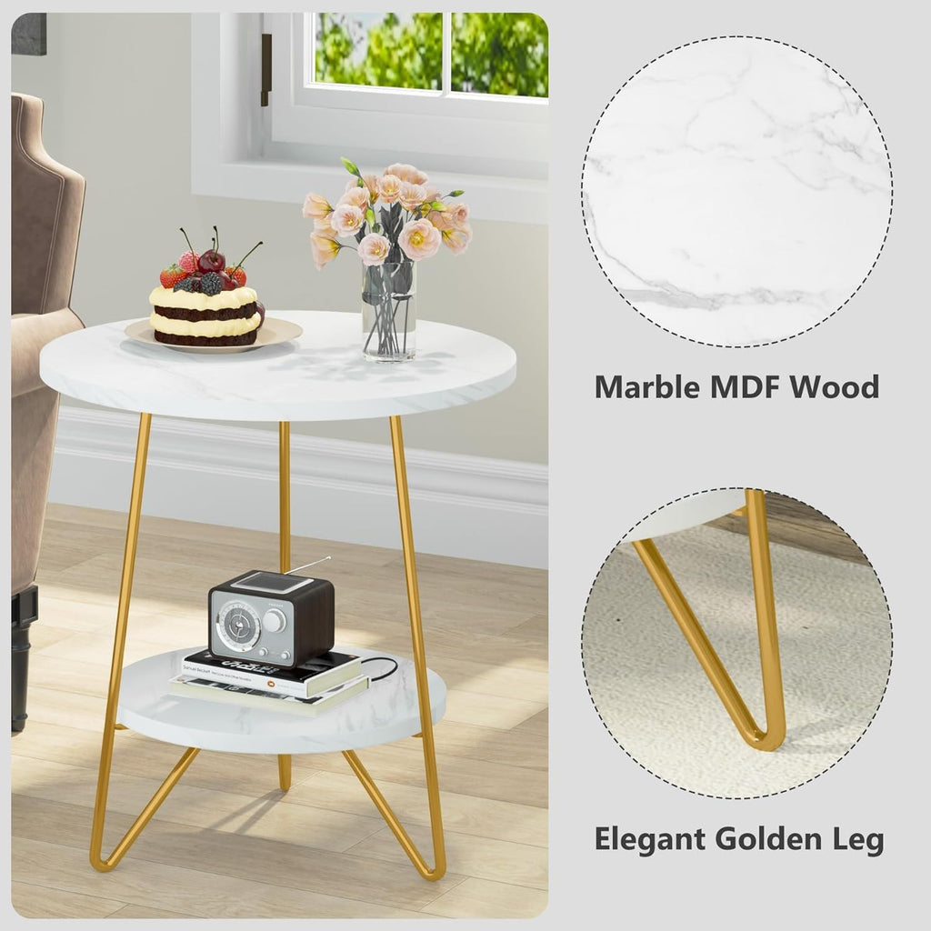 Round End Table With Hairpin Legs, 2 Tier For Living Room - White / Gold