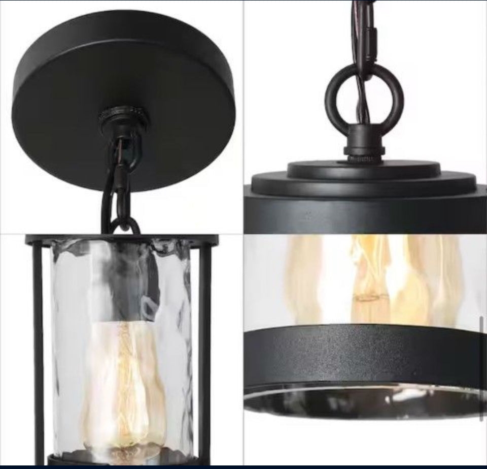 Open Box Uolfin Modern Cylinder Outdoor Porch Pendant Light 1-Light Matte Black Farmhouse Patio Hanging Light with Water Glass Shaded