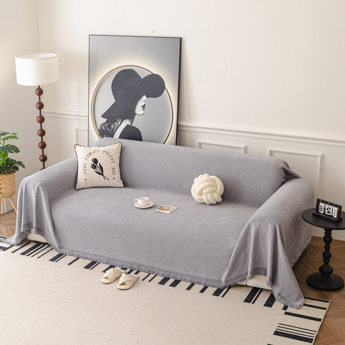 Textured Woven Modern Sofa Cover, Natural Blend Decorative Couch Throw Blanket