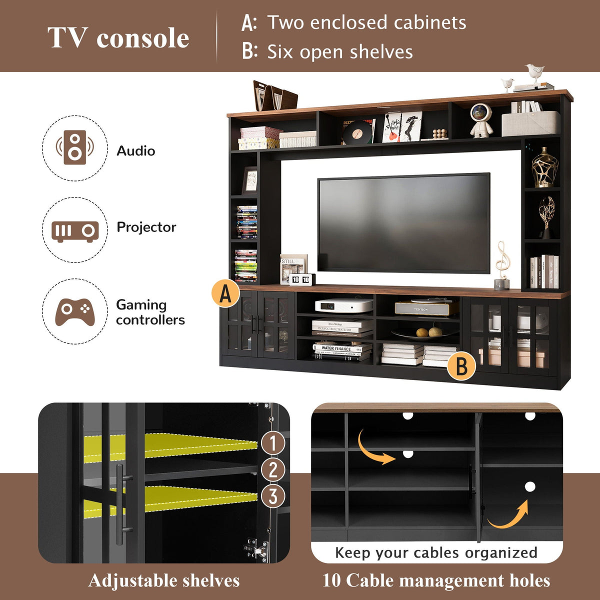Wall Unit Entertainment Center With Bookshelves For TVs Up To 80", Tempered Glass Doors And Adjustable Shelves