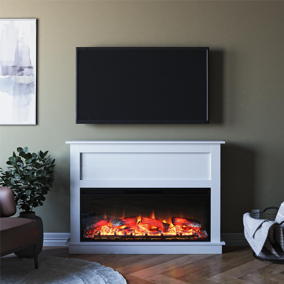 Ellsworth Wide Electric Fireplace Insert With Mantel And Remote Control - White