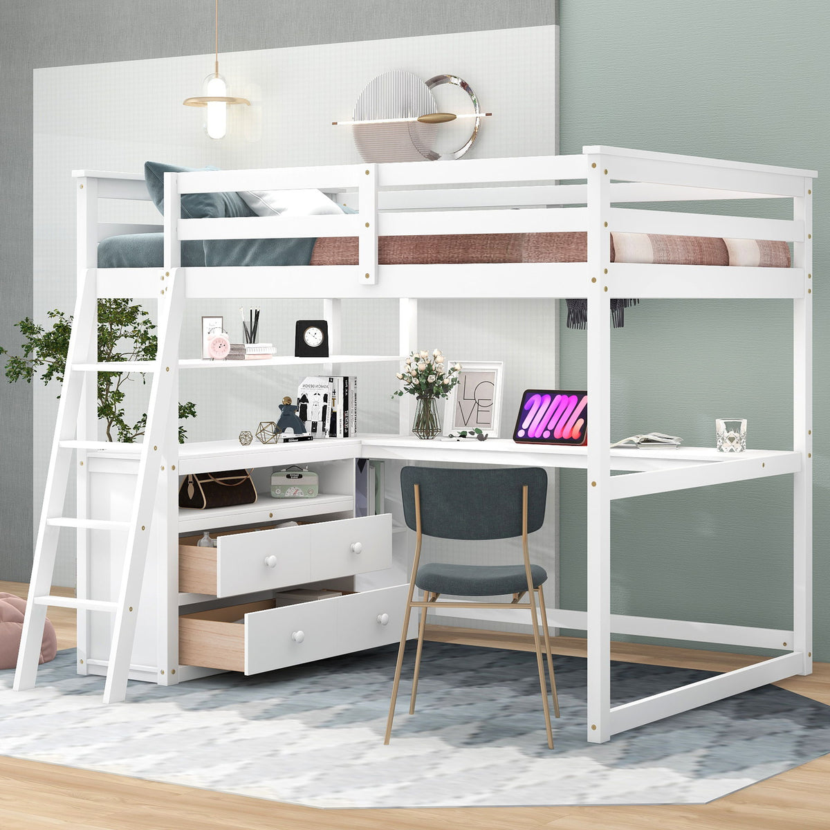 Modern Loft Bed With Built In Desk, Shelves, And 2 Drawers
