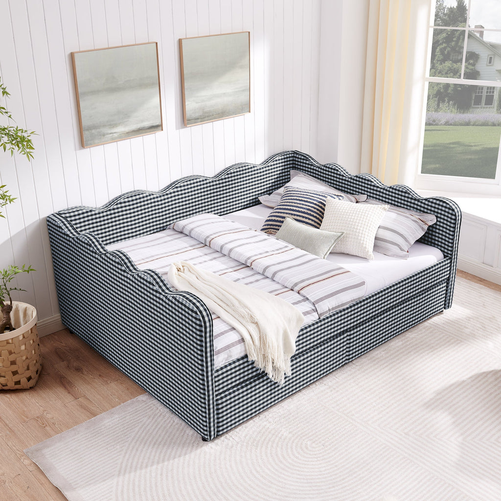 Queen Size Cozy Gingham Daybed with Two Storage Drawers and USB Port