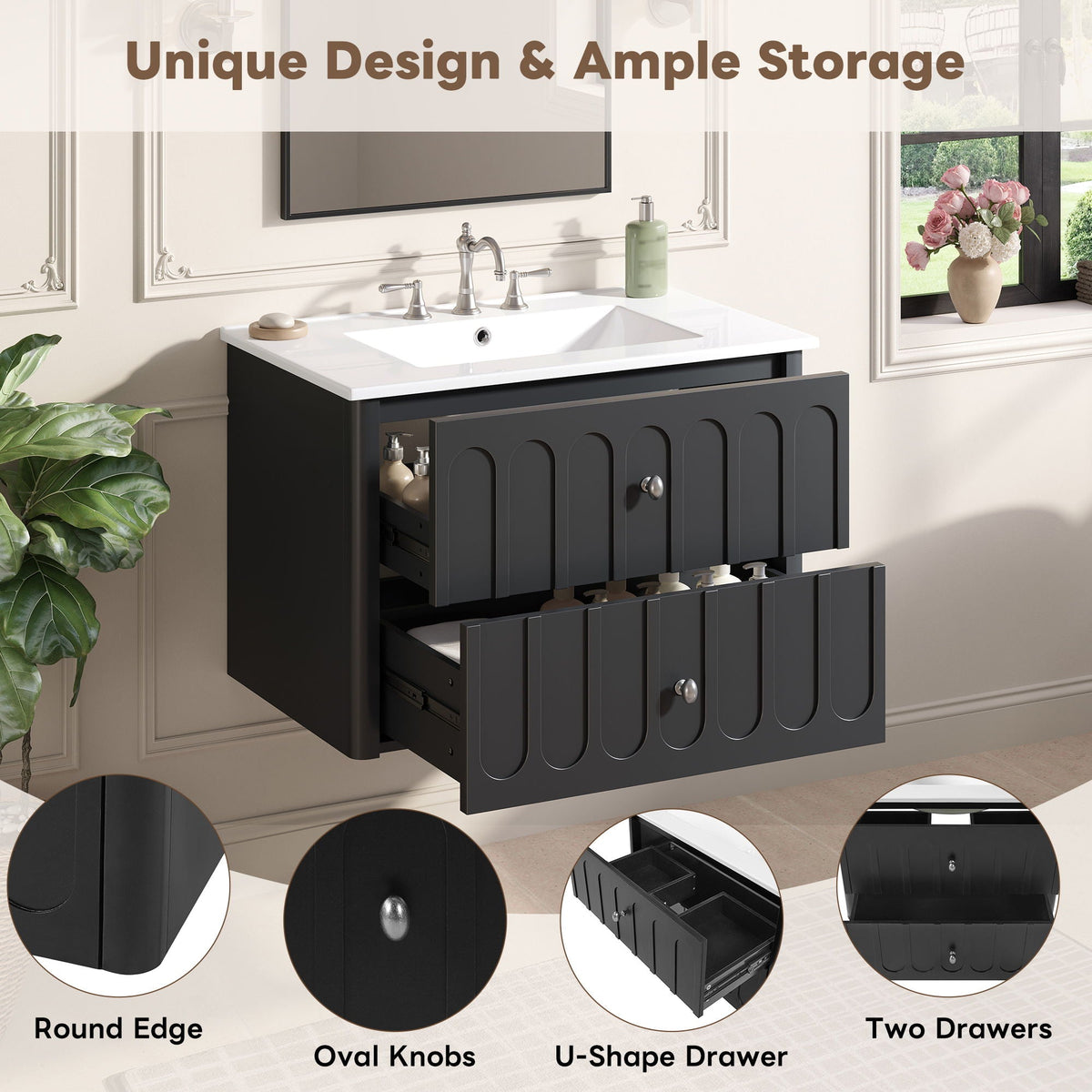 Floating Bathroom Vanity With Oval Knobs & Round Edge, Soft Close Drawer Slides