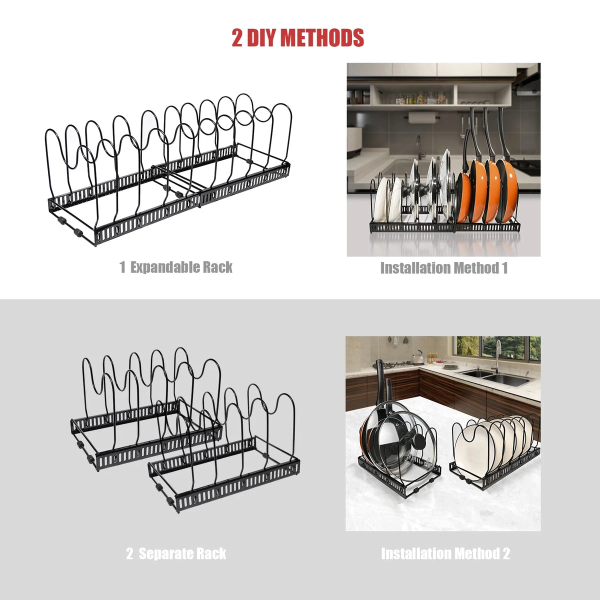 Expandable Pots and Pans Lid Organizer Rack, Cabinet Organizer with 10 Adjustable Compartment