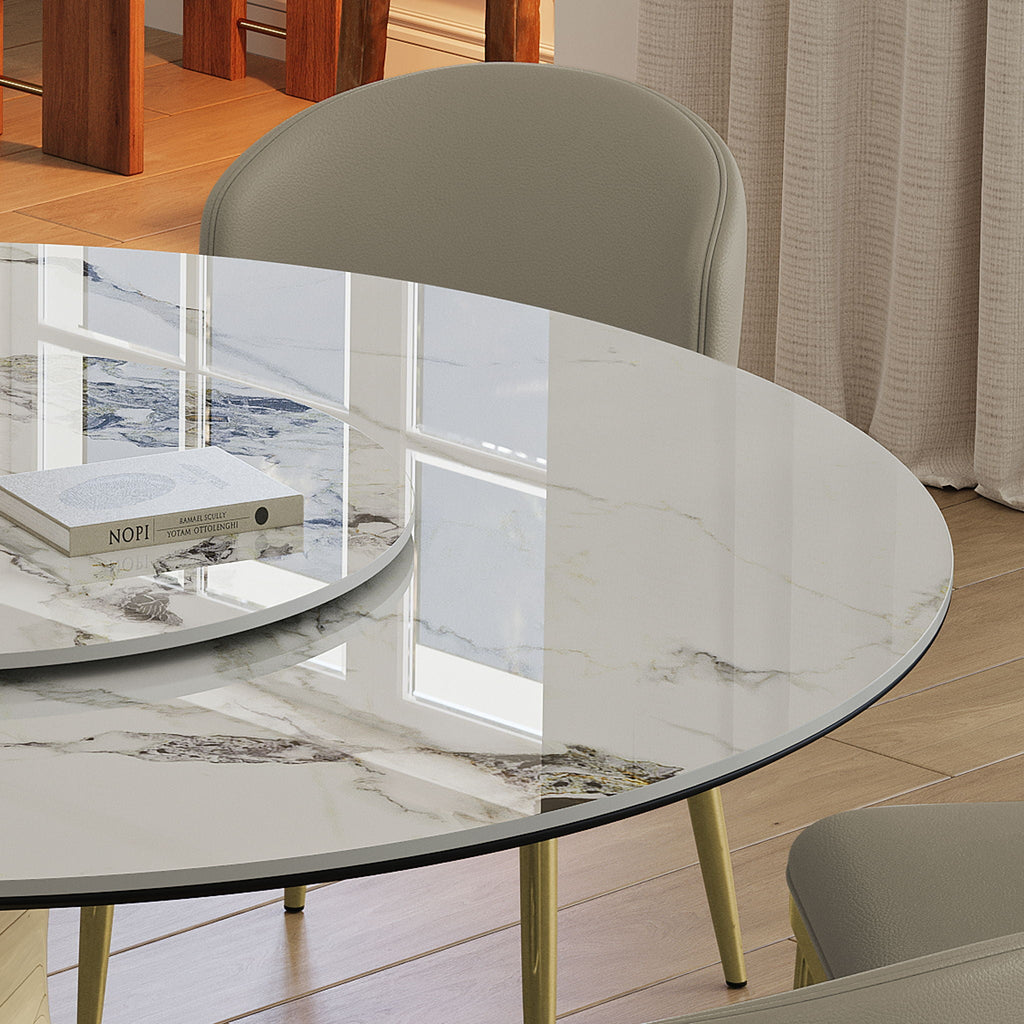 Luxury Round 59" Sintered Stone Dining Table With Stainless Steel Hourglass Base, Scratch & Heat Resistant Surface - Golden / White