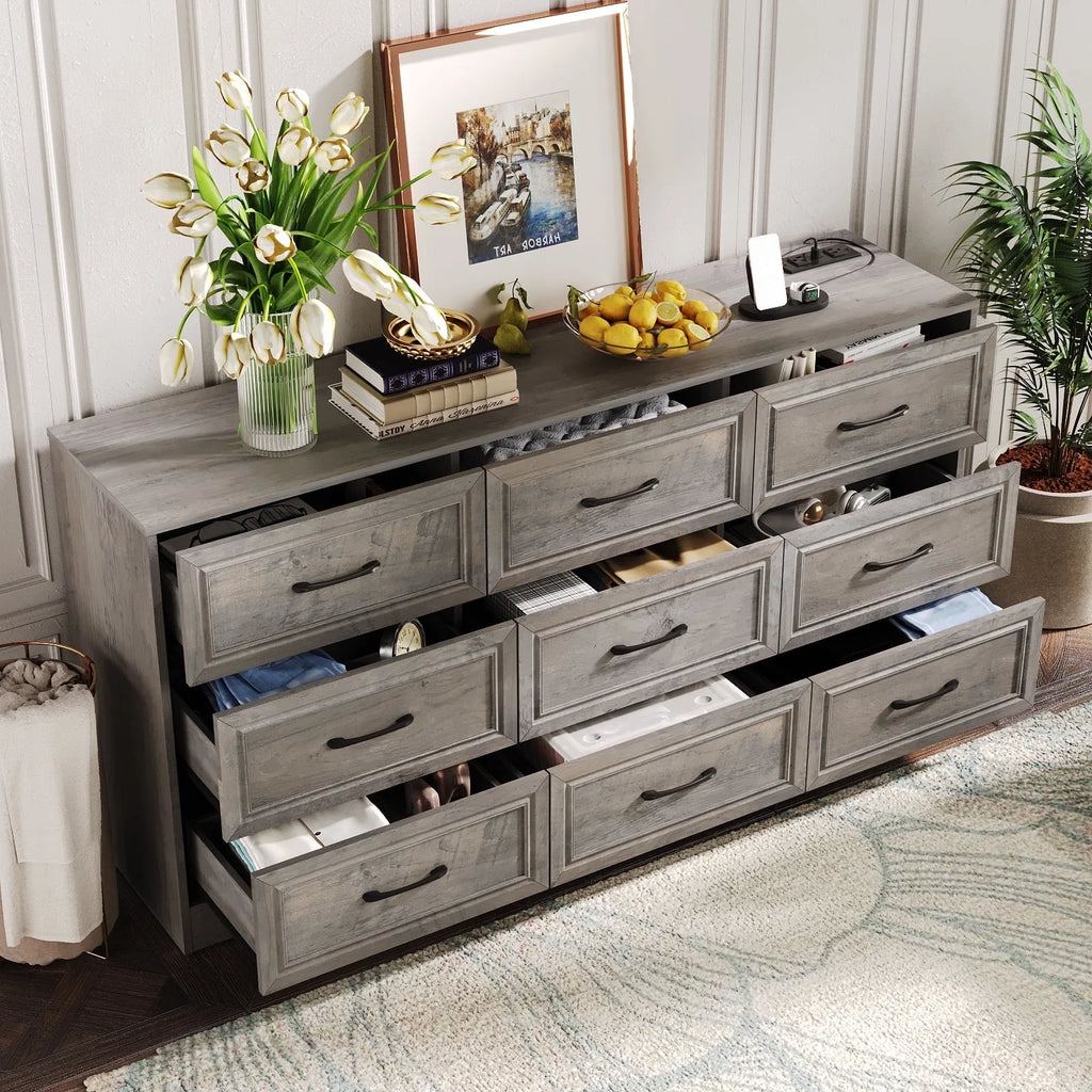 Dresser for Bedroom 9 Drawer Wide Dresser with Charging Station,Grey