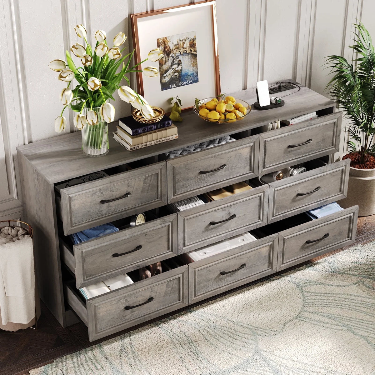Dresser for Bedroom 9 Drawer Wide Dresser with Charging Station,Grey