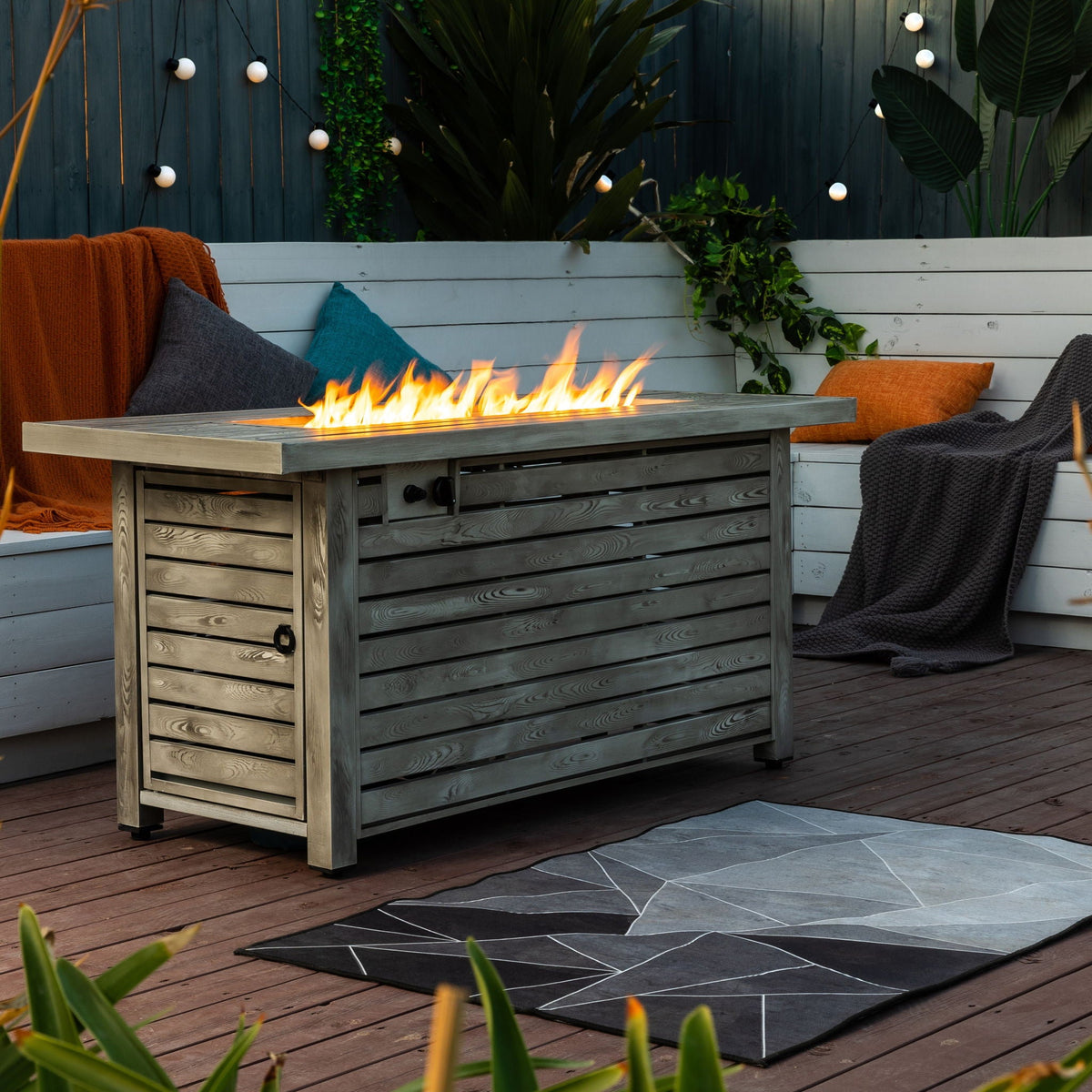 Propane Gas Fire Pit Table, 50000 Btu, Rectangular For Outside - Light Beige
