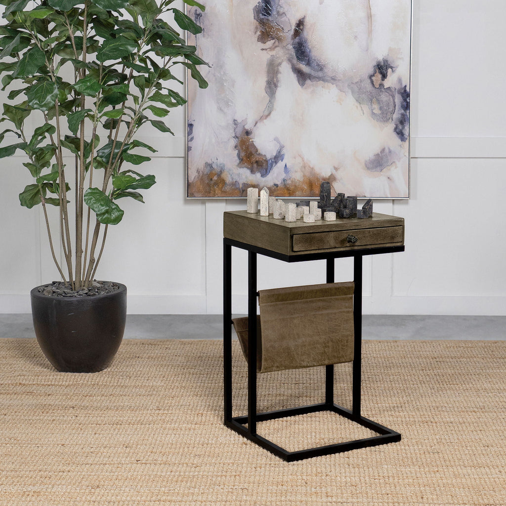 Checkmate - 1 Drawer Side Table With Carved Chess Board - Brown