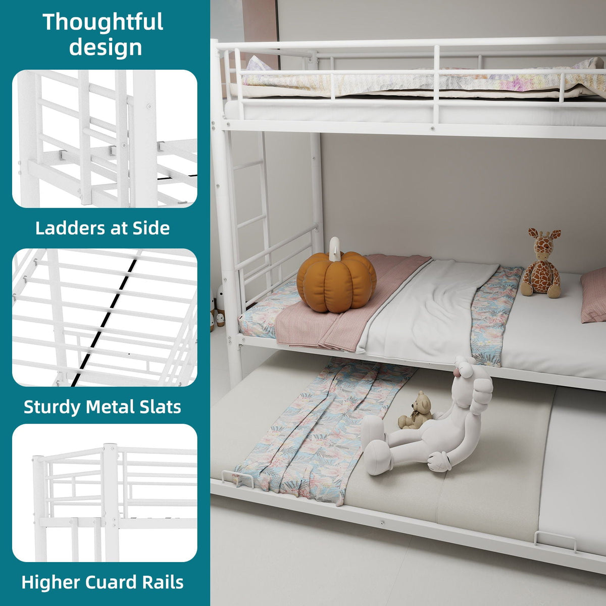 Bunk Bed For Kids, Convertible Frame With Ladders & Guardrail