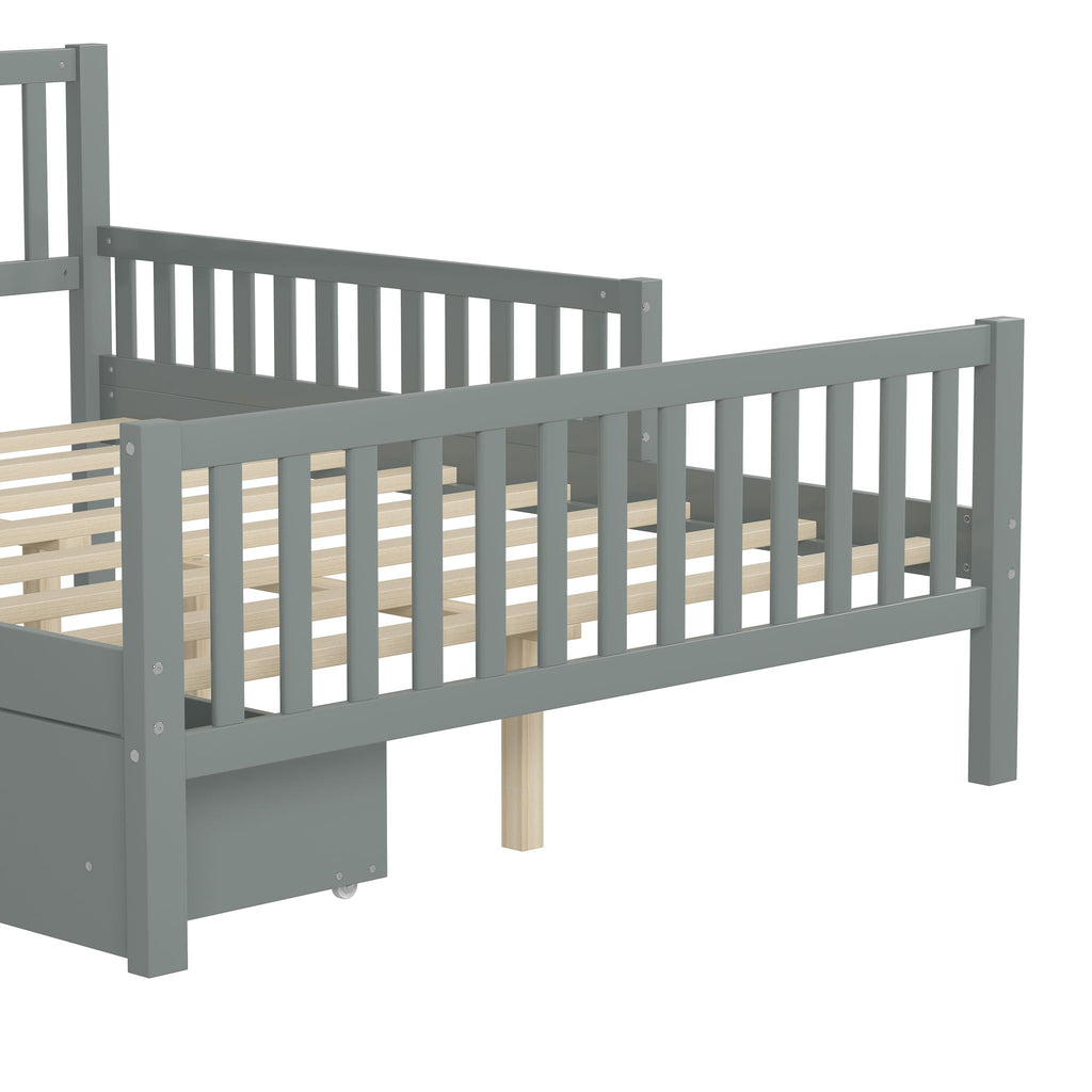 Platform Bed With Guardrails On Both Sides And 2 Storage Drawers