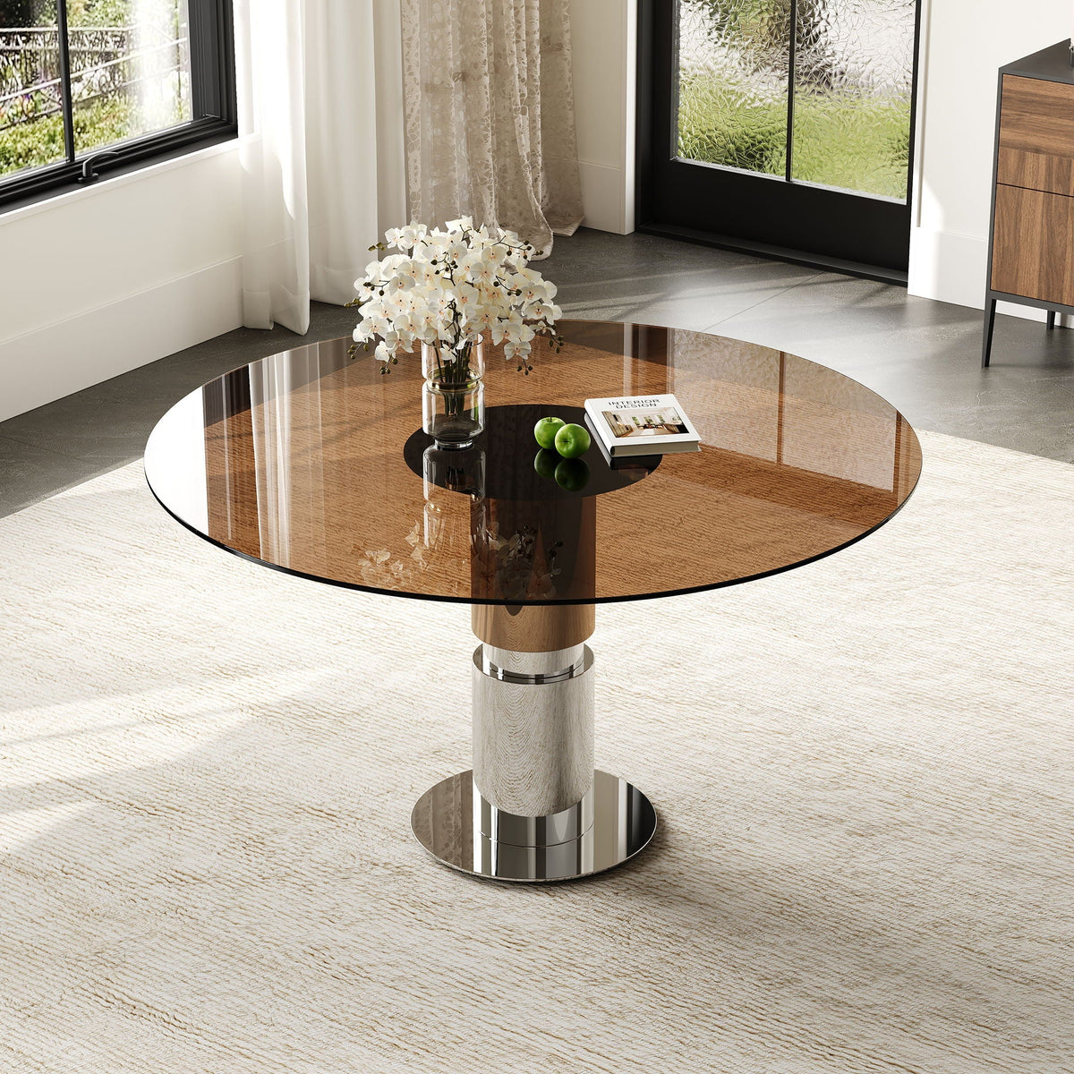 Round Glass Dining Table, Suitable For 2 - 4 People - Brown