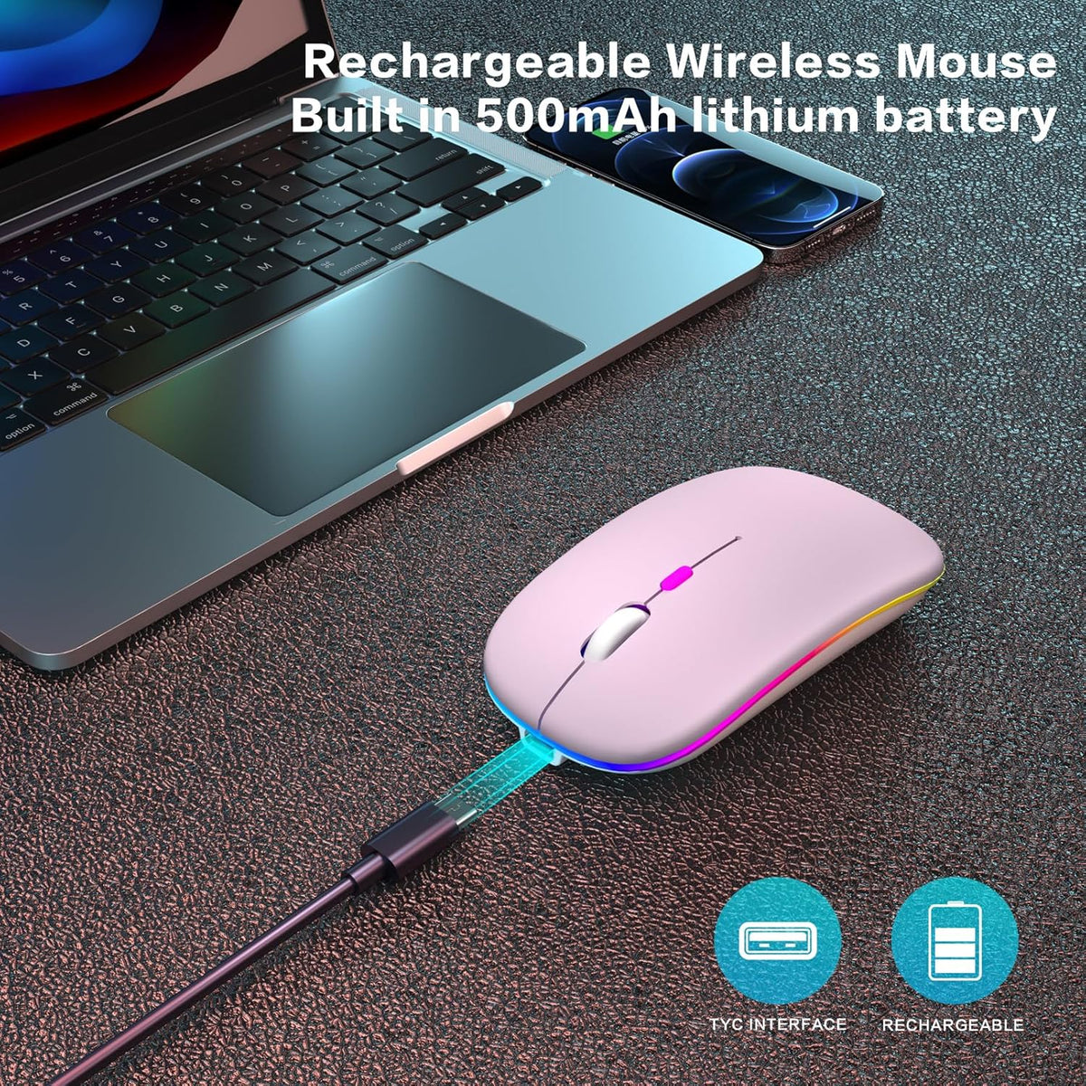 Wireless Bluetooth Mouse, Rechargeable, Dual Mode Bluetooth 5.2 & 2.4G USB, LED Lights, Slim, Silent, Portable Computer Mouse for Laptop, PC, Macbook, Ipad, Tablet (Pink)