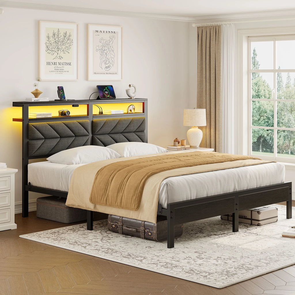 Full LED Bed Frame with Headboard Storage - Charging Station, Dark Gray