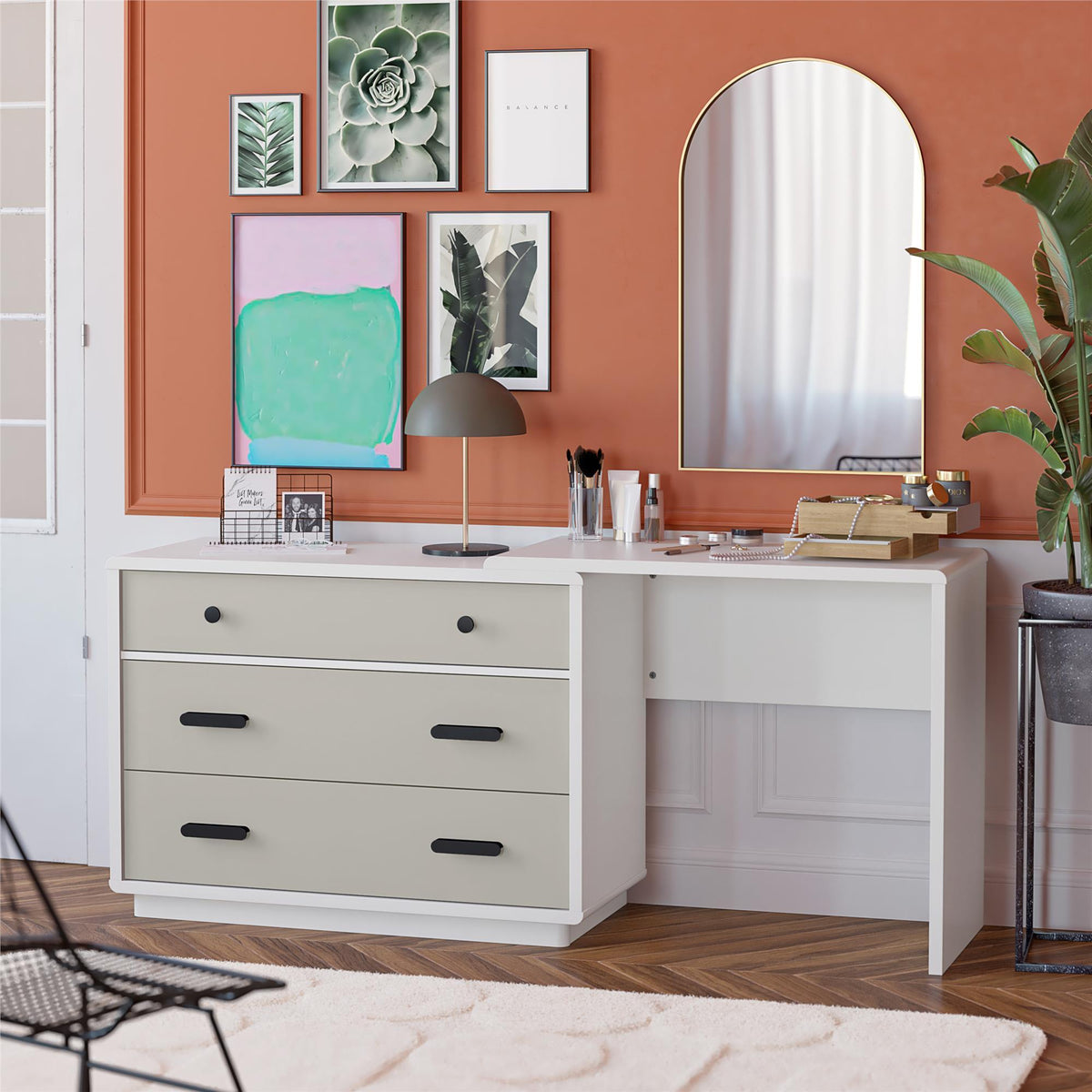 Valencia - 3 Drawer Dresser And Desk - Taupe